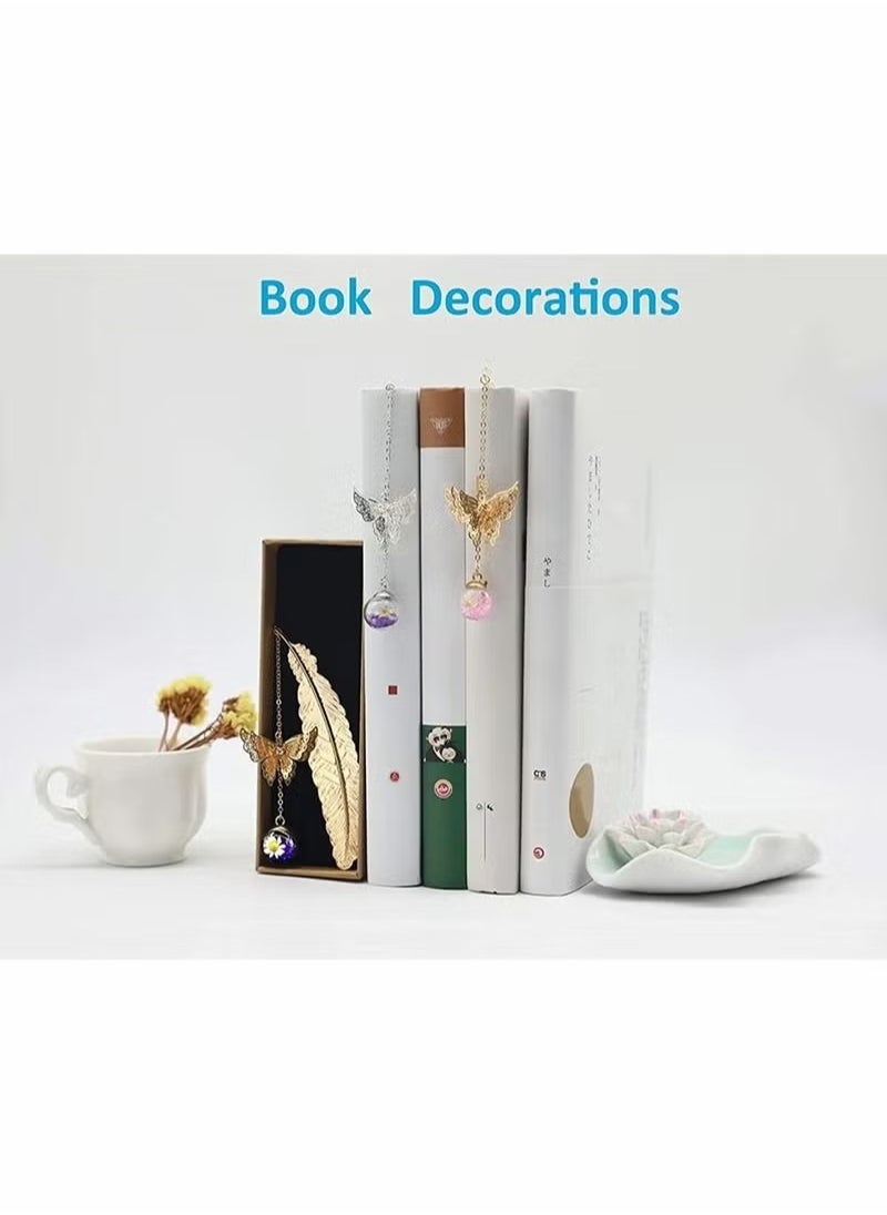 Generic - Feather Bookmark, Vintage Style Metal Feather Bookmark Gifts, Handmade Butterfly and Dried Flower Bead Charms, A Suitable Gift for Women, Mom, Girls, and Teachers - Image 1