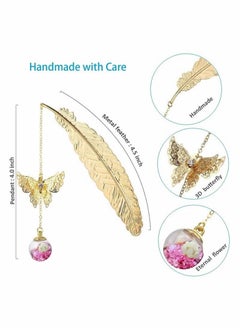 Generic Feather Bookmark, Vintage Style Metal Feather Bookmark Gifts, Handmade Butterfly and Dried Flower Bead Charms, A Suitable Gift for Women, Mom, Girls, and Teachers  - Image 5