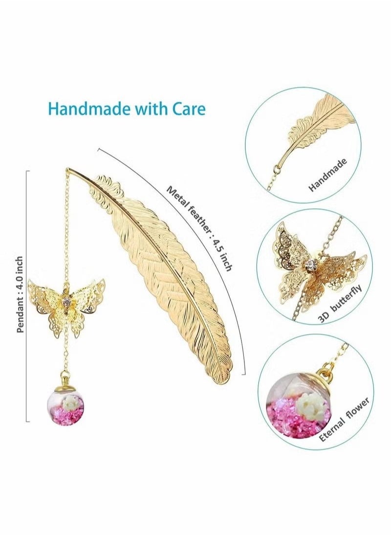 Generic - Feather Bookmark, Vintage Style Metal Feather Bookmark Gifts, Handmade Butterfly and Dried Flower Bead Charms, A Suitable Gift for Women, Mom, Girls, and Teachers - Image 1