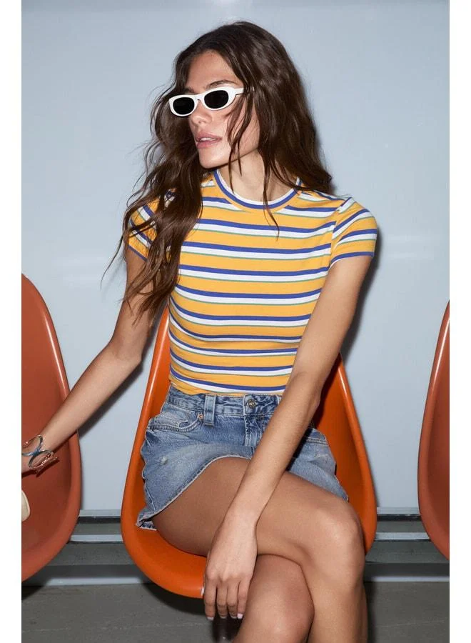 GRIMELANGE HOPEWELL Women's Round Neck Knit Slim Fit Parliament Blue Striped T-Shirt.