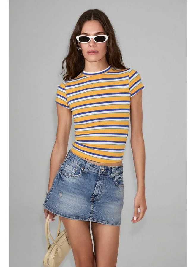 GRIMELANGE HOPEWELL Women's Round Neck Knit Slim Fit Parliament Blue Striped T-Shirt.