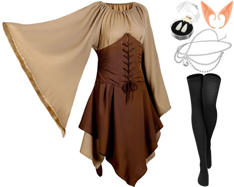 Jadive 5 Pcs Women Elf Renaissance Medieval Dress Traditional Irish Fairy Viking Costume Elf Ear for Halloween Cosplay Party(X-Small,Brown, Khaki) - Image 1
