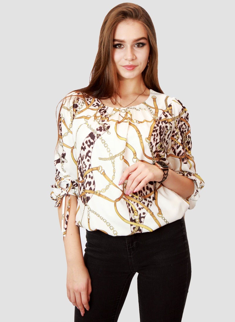 Kidwala Women'S Tops, Tees & Blouses Tie Sleeves, White & Gold Blouse, Round Nick Stylish Top With Three Quarter Sleeves Length, Print Blouse Waist Length - Image 2