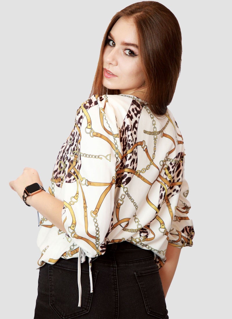 Kidwala Women'S Tops, Tees & Blouses Tie Sleeves, White & Gold Blouse, Round Nick Stylish Top With Three Quarter Sleeves Length, Print Blouse Waist Length - Image 5