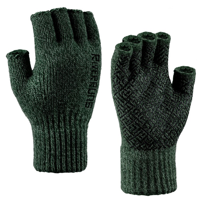 Riverruns Wool Fingerless Gloves for Men Women, Anti-Slip with Grip Print, Thermal & Soft Winter Fingerless Knitted Gloves for Cold Weather, Hunting Fishing Hiking Kayaking (Green, S/M) - Image 1