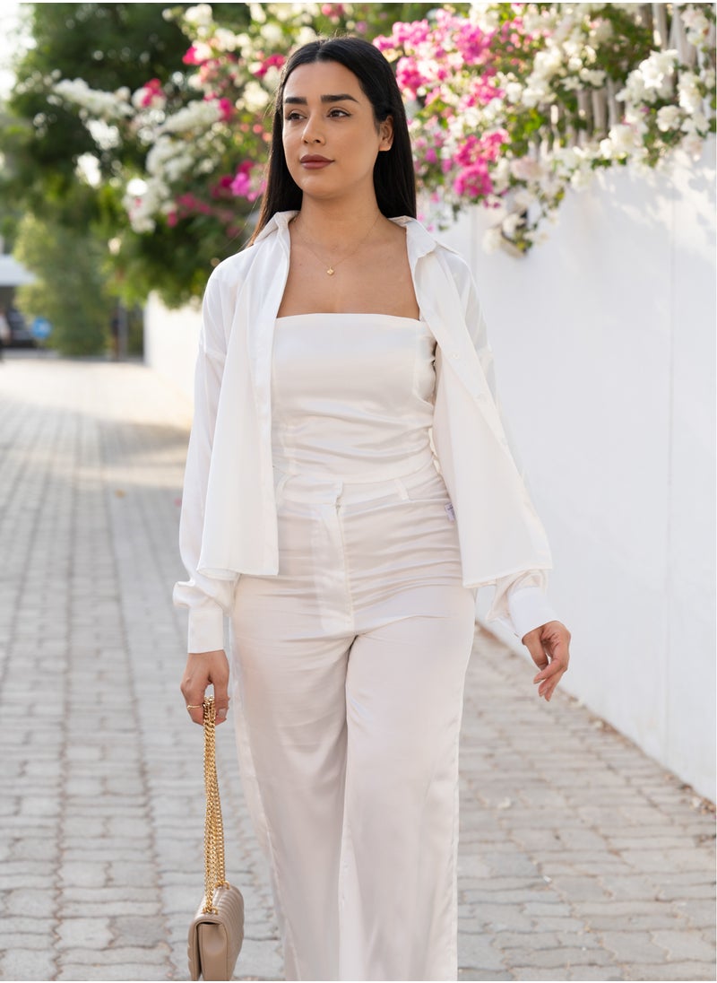 Borncelebs White Satin Silk Shirt,Pant and Crop Top Co-ord Set Women Fashion Spring Summer Vacation Formal Casual  - Image 1