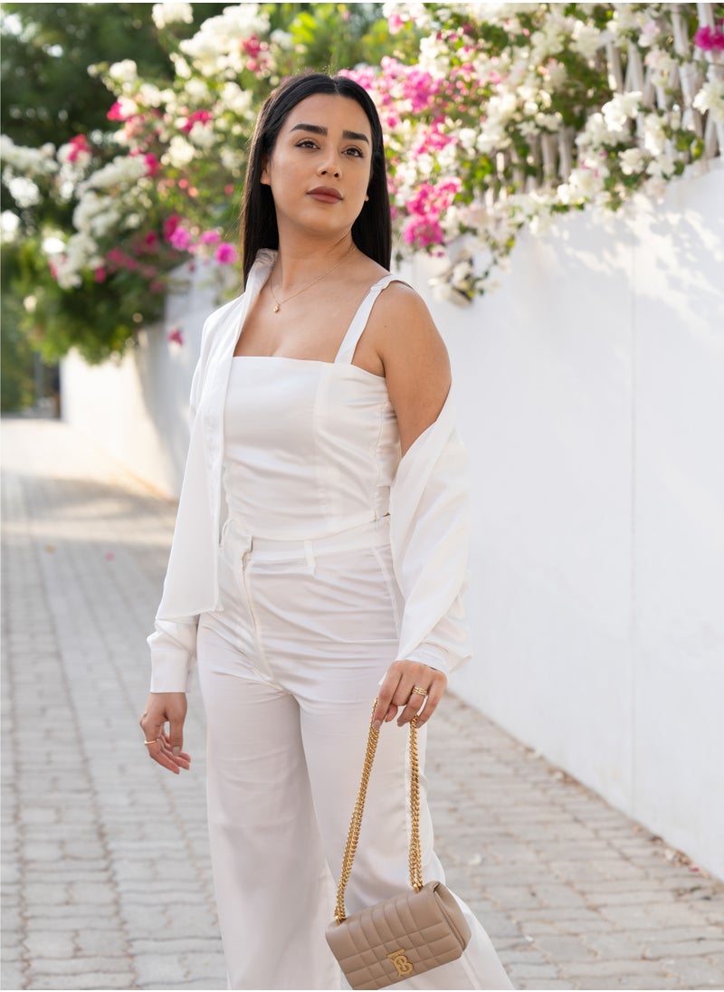 Borncelebs White Satin Silk Shirt,Pant and Crop Top Co-ord Set Women Fashion Spring Summer Vacation Formal Casual  - Image 2
