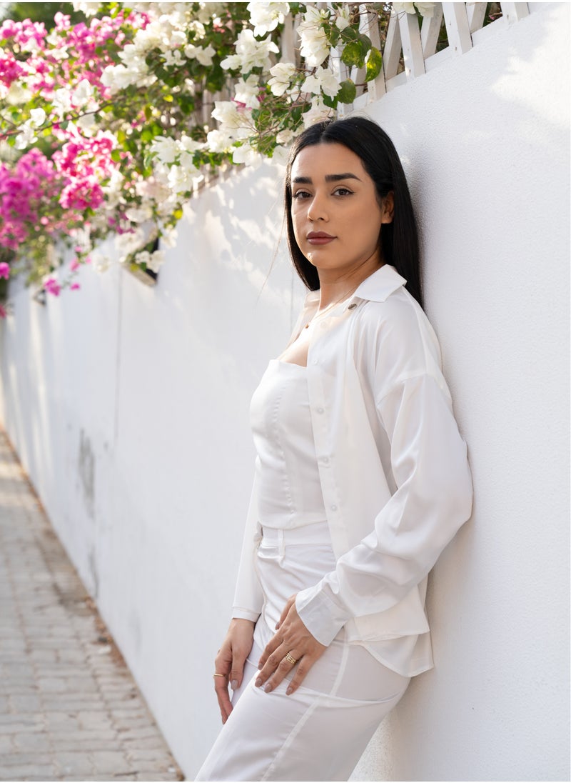 Borncelebs White Satin Silk Shirt,Pant and Crop Top Co-ord Set Women Fashion Spring Summer Vacation Formal Casual  - Image 3