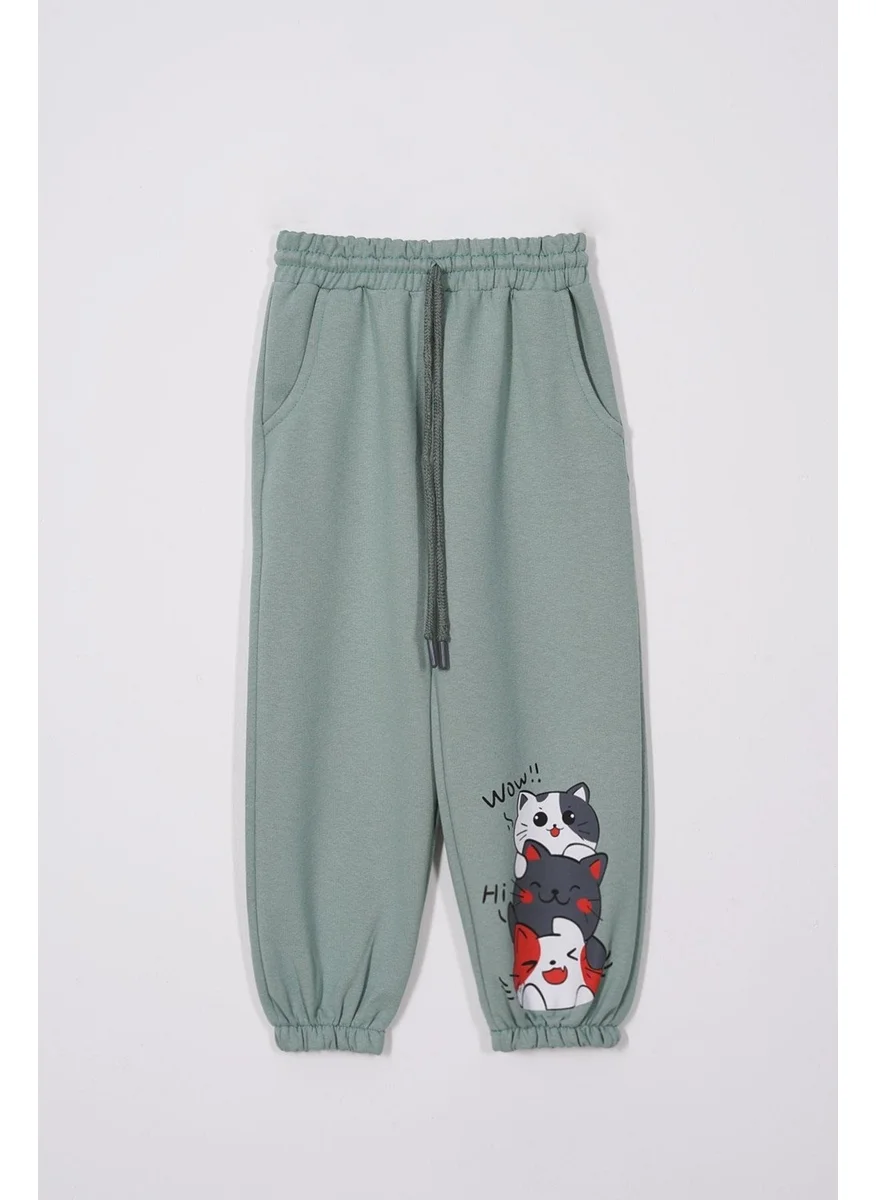 Zepkids Cute Kittens Printed Çağla Color Girls Tracksuit Bottoms