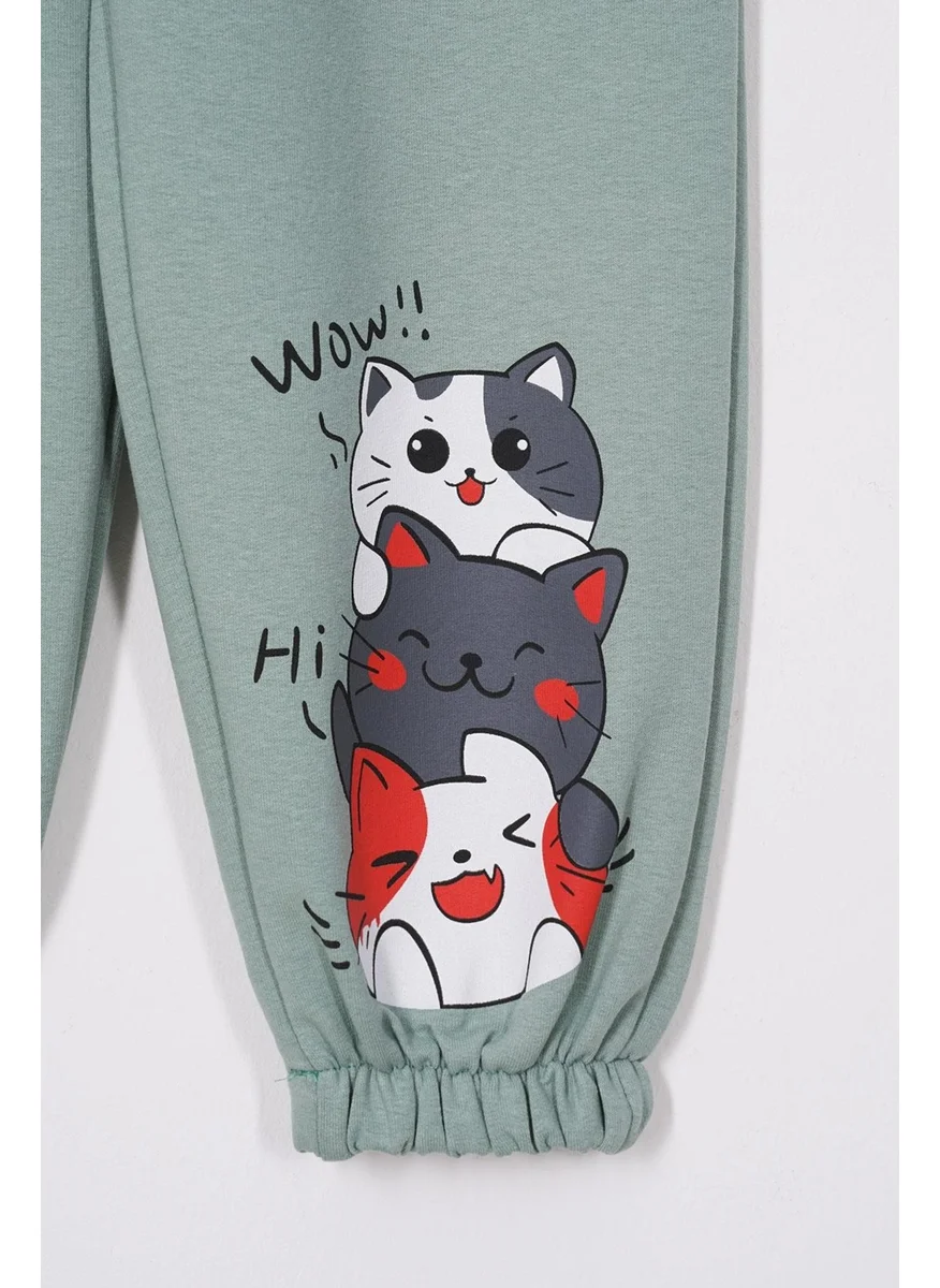 Zepkids Cute Kittens Printed Çağla Color Girls Tracksuit Bottoms