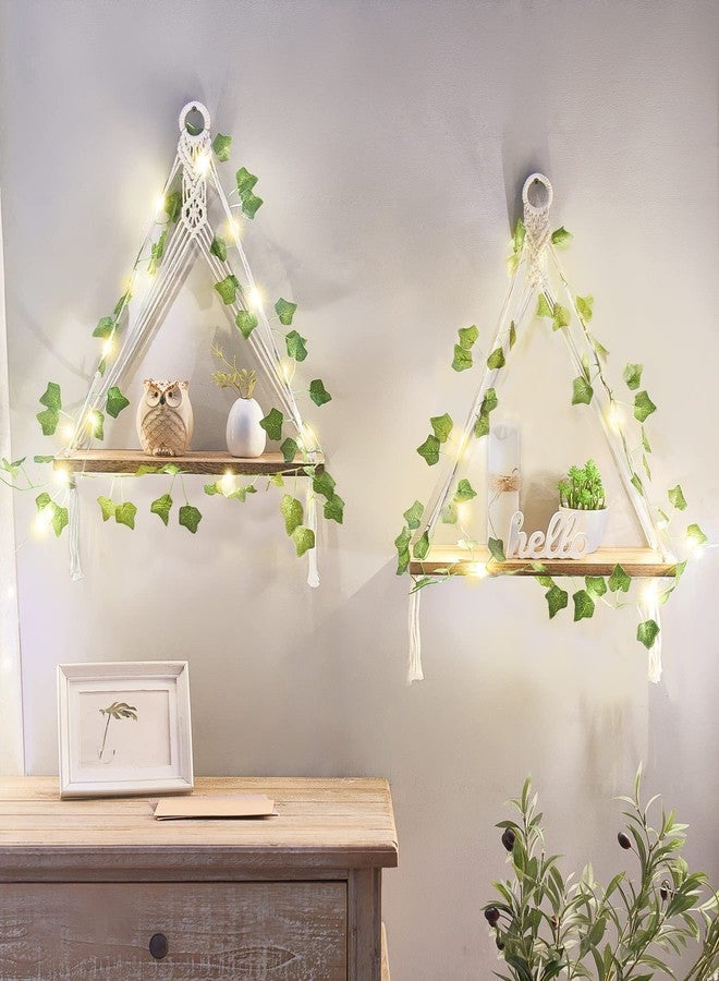 Mkono Artificial Ivy LED-Strip Macrame Hanging Shelves Set of 2 Boho Wall Decor Display Plants Photos Wood Floating Storage Shelf for Bedroom Bathroom Living Room Nursery Dorm Kitchen - Image 4