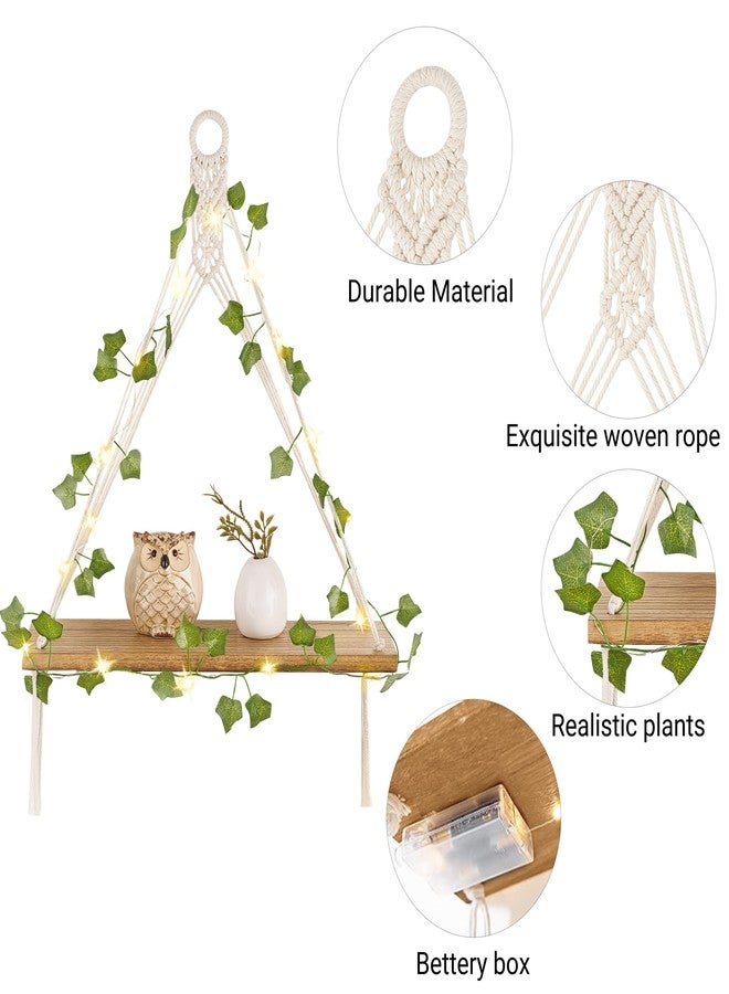 Mkono Artificial Ivy LED-Strip Macrame Hanging Shelves Set of 2 Boho Wall Decor Display Plants Photos Wood Floating Storage Shelf for Bedroom Bathroom Living Room Nursery Dorm Kitchen - Image 5