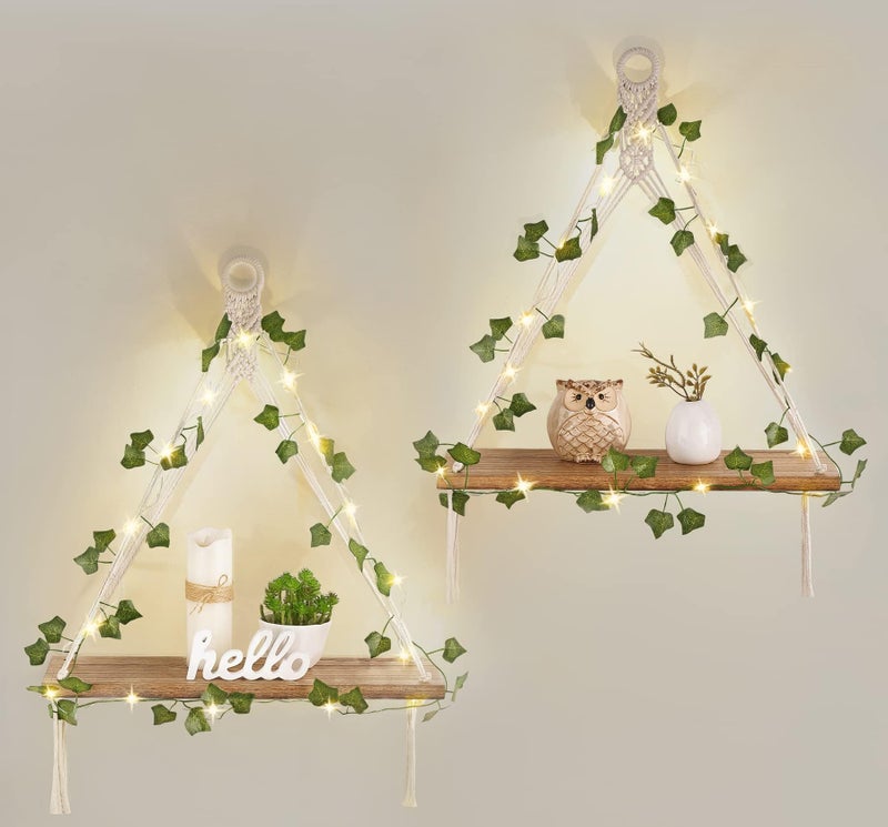 Mkono Artificial Ivy LED-Strip Macrame Hanging Shelves Set of 2 Boho Wall Decor Display Plants Photos Wood Floating Storage Shelf for Bedroom Bathroom Living Room Nursery Dorm Kitchen - Image 1
