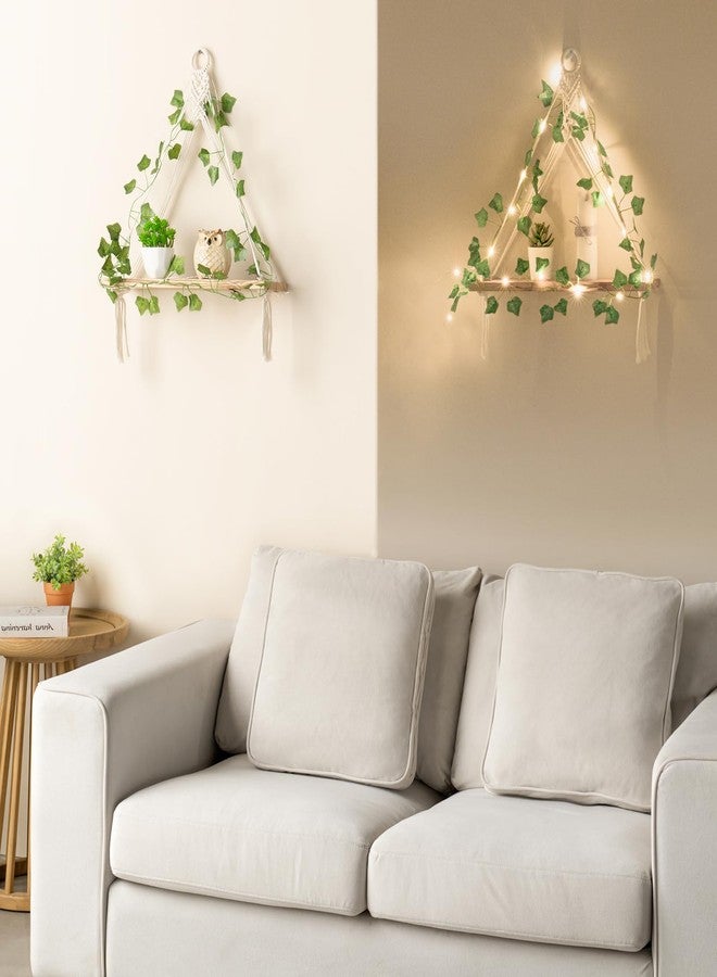 Mkono Artificial Ivy LED-Strip Macrame Hanging Shelves Set of 2 Boho Wall Decor Display Plants Photos Wood Floating Storage Shelf for Bedroom Bathroom Living Room Nursery Dorm Kitchen - Image 3