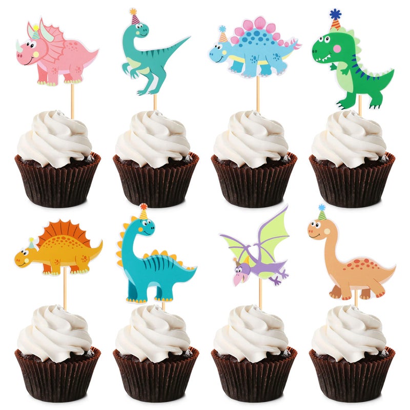 Ercadio 32 Pack Cartoon Dinosaur Cupcake Toppers Cute Dinosaur Baby Cupcake Picks Dinosaurs Theme Baby Shower Kids Birthday Party Cake Decorations Supplies - Image 2
