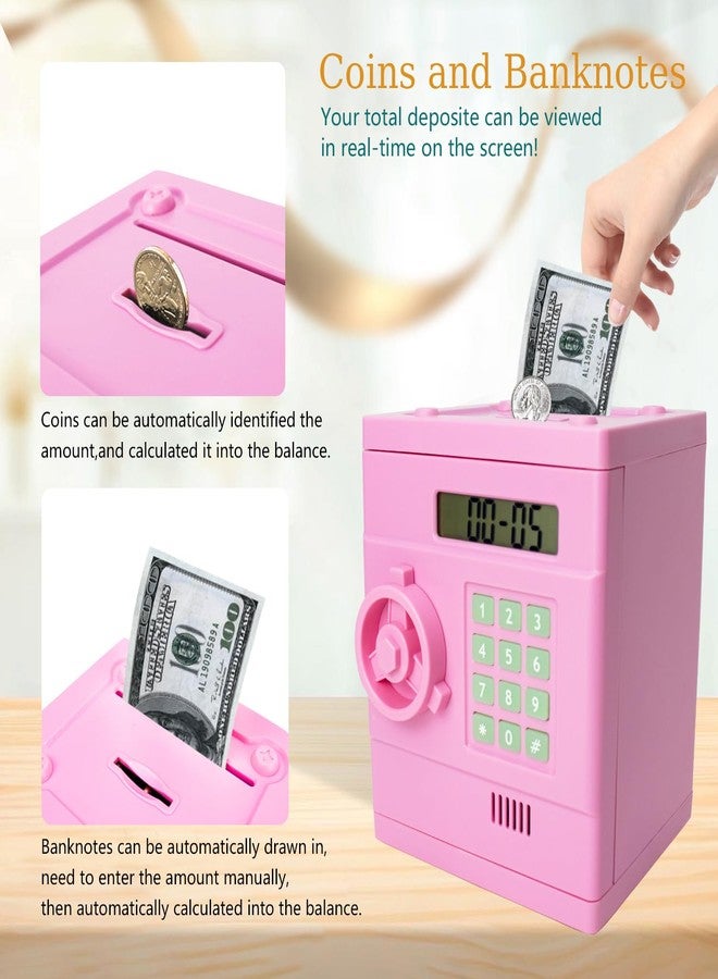HVEST Pink Electronic Money Bank Kids Safe Box ATM Piggy Bank for Kids, Auto Scroll Paper Money Safe Box ATM Piggy Bank for Real Money Cash Saving, Mini Safe Box with Password Kids Adult Gift Toys - Image 3