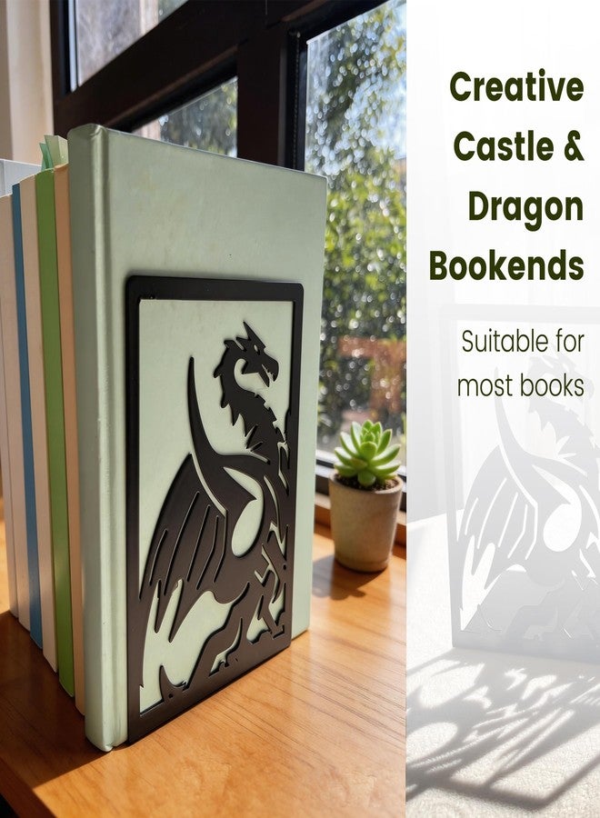 Smallan Metal Bookends for Shelves Room Decorative, Creative Dragon Bookends Heavy Duty Study Bookends Stoppers Holder Stand for Desk Shelf Office, H&P Book Ends to Support Books (Dragon Castle, 1 Pair) - Image 2
