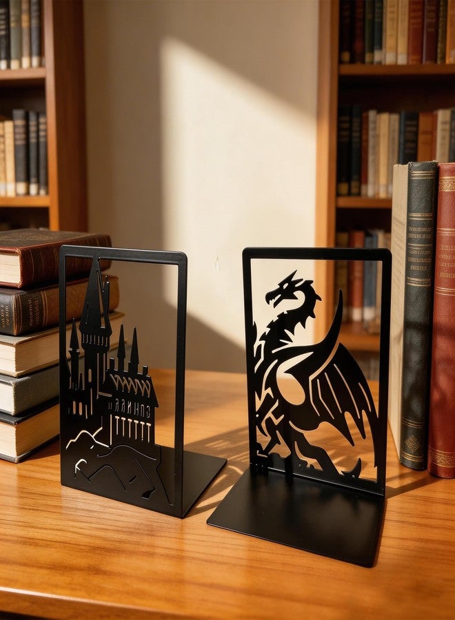 Smallan Metal Bookends for Shelves Room Decorative, Creative Dragon Bookends Heavy Duty Study Bookends Stoppers Holder Stand for Desk Shelf Office, H&P Book Ends to Support Books (Dragon Castle, 1 Pair) - Image 3