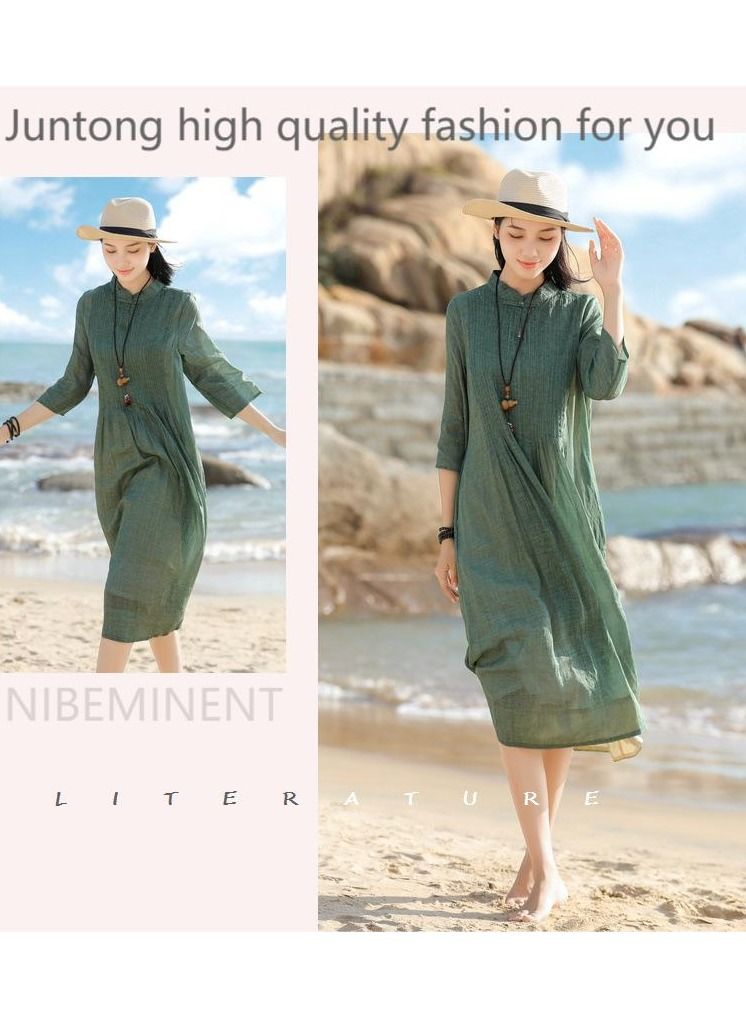 NIBEMINENT New style stand collar button cotton linen long dress solid color female retro casual Robe for Women and Girl  - Image 1