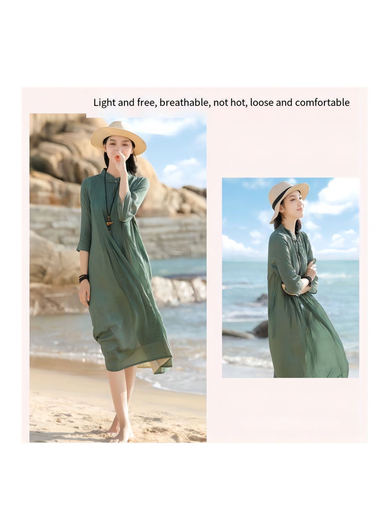 NIBEMINENT New style stand collar button cotton linen long dress solid color female retro casual Robe for Women and Girl  - Image 2