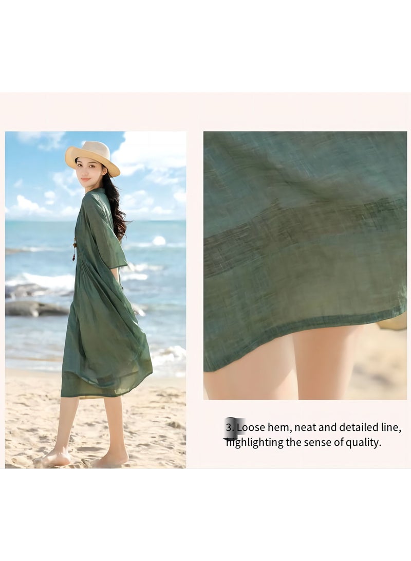 NIBEMINENT New style stand collar button cotton linen long dress solid color female retro casual Robe for Women and Girl  - Image 3