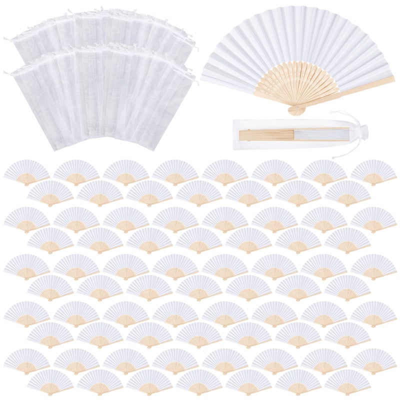 MCEAST 80 Pieces White Folding Paper Fans Wedding Fans Handheld Paper Fan White Bamboo Hand Fan Foldable Cool Favors with 80 Organza Bag for DIY Decor Wedding Party Favors Summer Guest