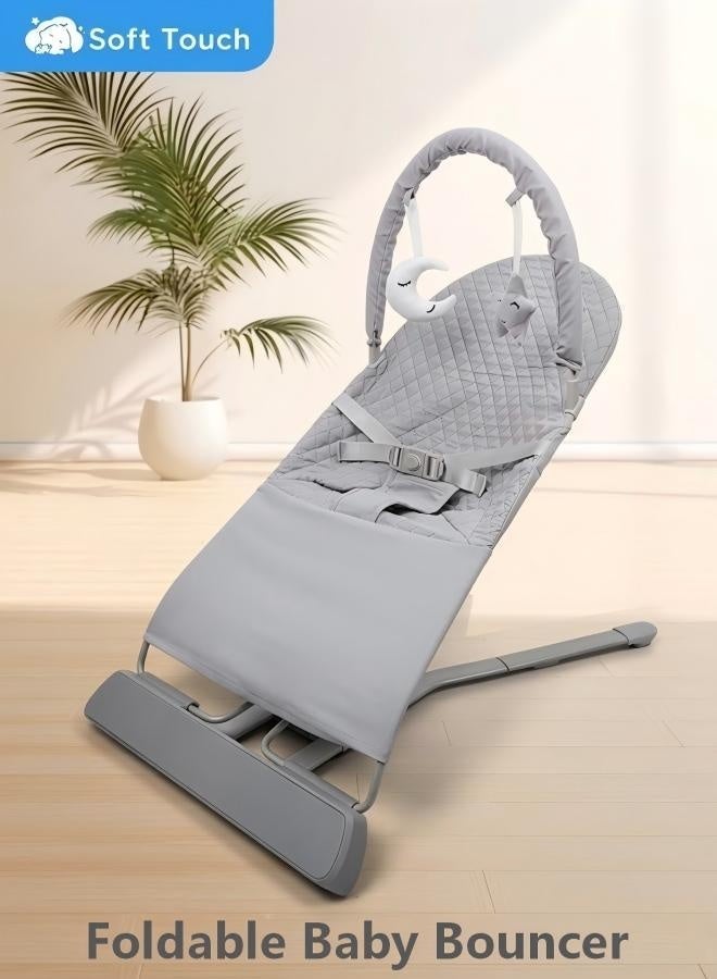 Soft Touch Baby Bouncer with Toy Arch and Music, Folding Bouncer Seat with 2 Reclining Angles, Portable Infant Rocker for Babies 0-18 Months - Image 1
