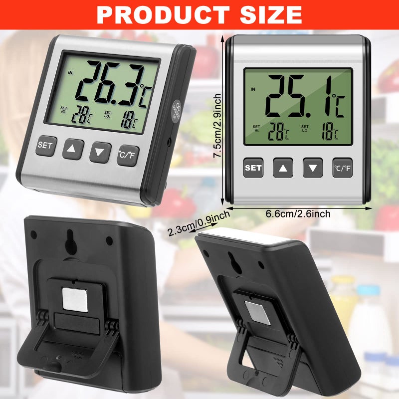 Moukeren 2 Pieces Digital Refrigerator Thermometer Freezer Thermometer Stainless Panel Thermometer High and Low Freezer Temperature Alarm with Sensor Magnet Probe LCD for Fridge Room Kitchen - Image 2