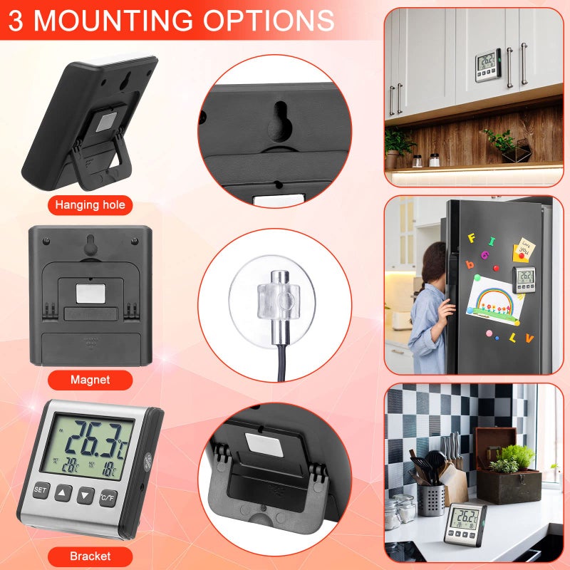Moukeren 2 Pieces Digital Refrigerator Thermometer Freezer Thermometer Stainless Panel Thermometer High and Low Freezer Temperature Alarm with Sensor Magnet Probe LCD for Fridge Room Kitchen - Image 4