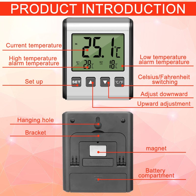 Moukeren 2 Pieces Digital Refrigerator Thermometer Freezer Thermometer Stainless Panel Thermometer High and Low Freezer Temperature Alarm with Sensor Magnet Probe LCD for Fridge Room Kitchen - Image 3