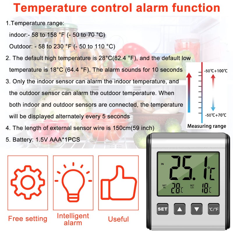Moukeren 2 Pieces Digital Refrigerator Thermometer Freezer Thermometer Stainless Panel Thermometer High and Low Freezer Temperature Alarm with Sensor Magnet Probe LCD for Fridge Room Kitchen - Image 5