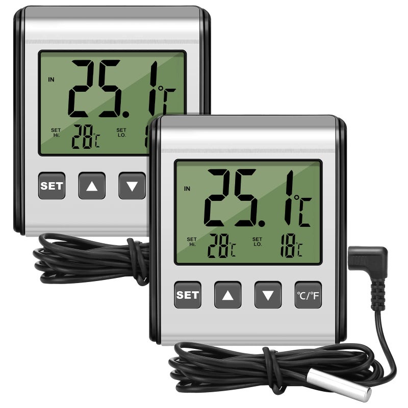 Moukeren 2 Pieces Digital Refrigerator Thermometer Freezer Thermometer Stainless Panel Thermometer High and Low Freezer Temperature Alarm with Sensor Magnet Probe LCD for Fridge Room Kitchen - Image 1