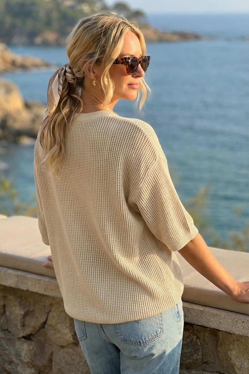 Arach&Cloz 2026 Women's Cotton Spring Summer Crochet Tops Crew Neck 3/4 Half Drop Short Sleeve Hollow Out Oversized Resort Wear Sweater Casual Vacation Outfits Fashion Trendy Shirts Light Khaki XL - Image 3