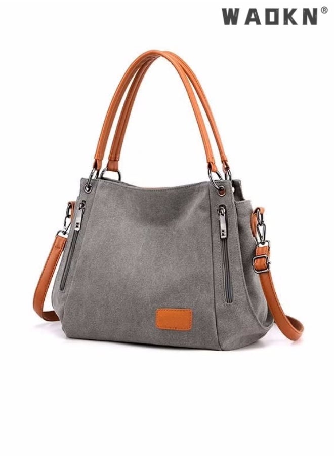 WAOKN Women's Canvas Vintage Shoulder Bag Daily Purse Large Capacity Shoulder Tote Bag Casual Canvas Handbag Crossbody with Long Strap Multi Pocket for Young Women Teenagers School Shopping Grey/Orange  - Image 1