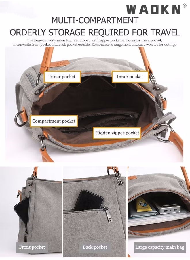 WAOKN Women's Canvas Vintage Shoulder Bag Daily Purse Large Capacity Shoulder Tote Bag Casual Canvas Handbag Crossbody with Long Strap Multi Pocket for Young Women Teenagers School Shopping Grey/Orange  - Image 4