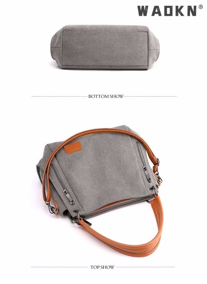 WAOKN Women's Canvas Vintage Shoulder Bag Daily Purse Large Capacity Shoulder Tote Bag Casual Canvas Handbag Crossbody with Long Strap Multi Pocket for Young Women Teenagers School Shopping Grey/Orange  - Image 2