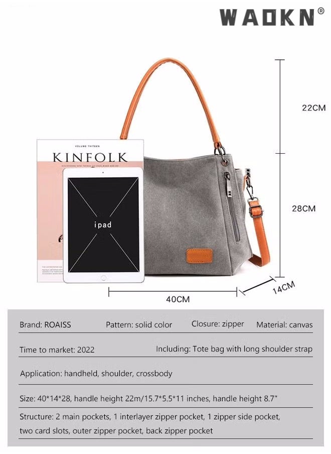 WAOKN Women's Canvas Vintage Shoulder Bag Daily Purse Large Capacity Shoulder Tote Bag Casual Canvas Handbag Crossbody with Long Strap Multi Pocket for Young Women Teenagers School Shopping Grey/Orange  - Image 5