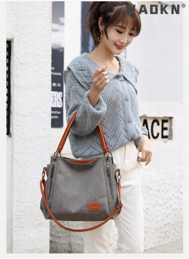 WAOKN Women's Canvas Vintage Shoulder Bag Daily Purse Large Capacity Shoulder Tote Bag Casual Canvas Handbag Crossbody with Long Strap Multi Pocket for Young Women Teenagers School Shopping Grey/Orange  - Image 3