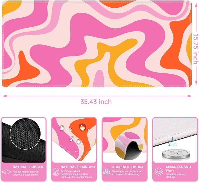 iCasso Large Mouse Pad (35.4x15.7 in), Desk Mat Gaming Mousepad with Stitched Edges, Keyboard Mouse Mat Desk Pad for Work, Game, Office, Home-Pink Topographic - Image 2