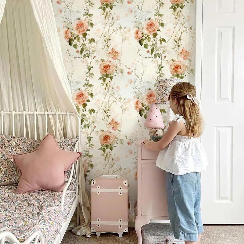 Livebor Floral Peel and Stick Wallpaper Boho Rose Flower Contact Paper 16.9in x118.1in Vintage Floral Wallpaper Peel and Stick Removable Self Adhesive Wall Paper for Bathroom Cabinets Decor Vinyl Roll - Image 2