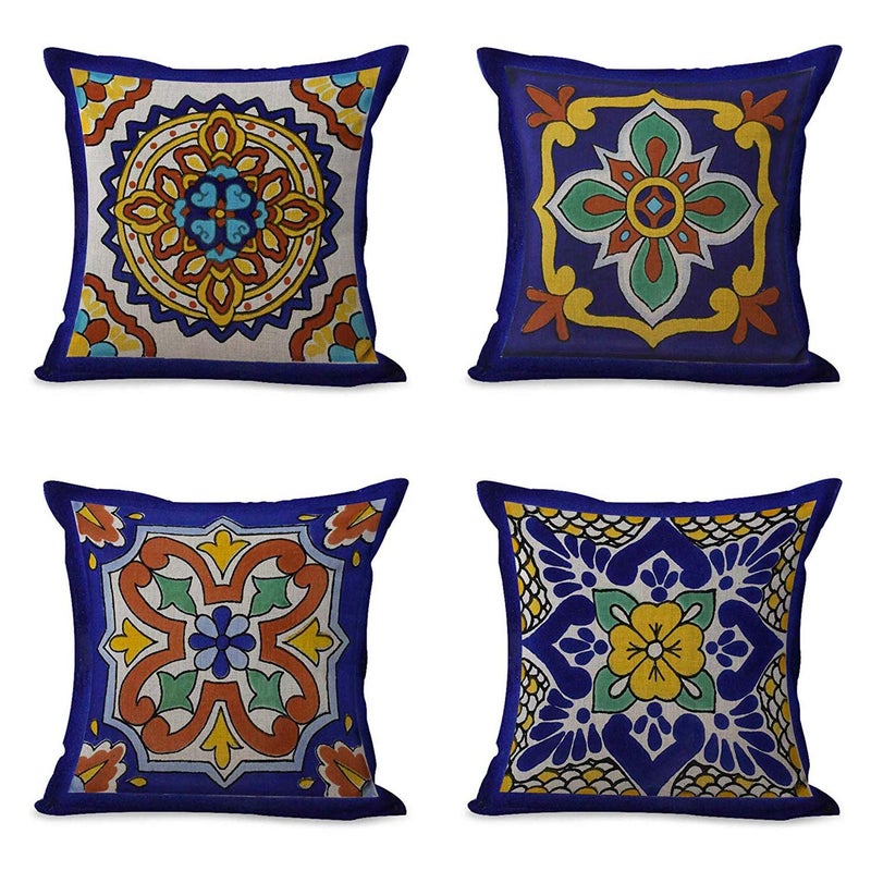 Semtomn Set of 4 Linen Throw Pillow Covers Spanish Talavera Exotic Geometry Dark Retro Ethnic Home Decorative 20x20 Flax Pillow Cases Cushion Square Pillowcases