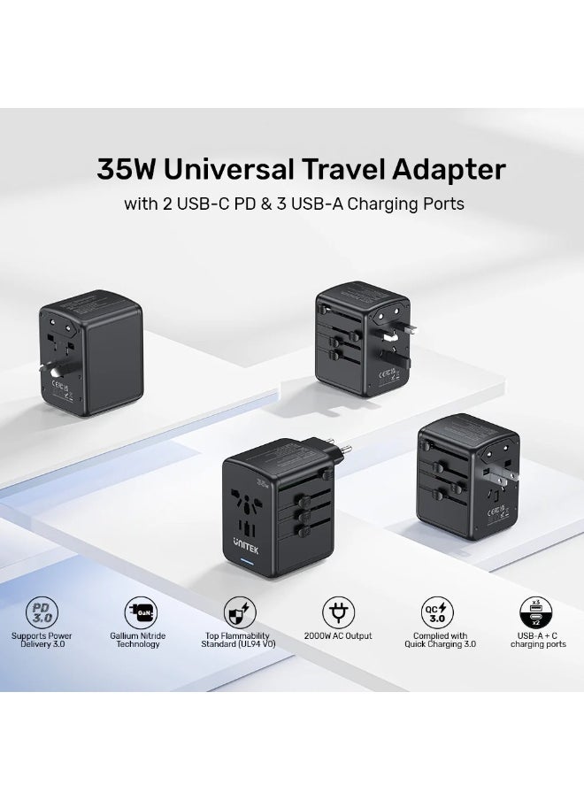 UNITEK Universal Travel Adapter PD 35W, Fast Charging GaN Universal Charger Adapter with 2 USB-C & 3 USB-A Ports, International Plug Converter Worldwide Travel Charger All in One for EU US UK AUS  - Image 5