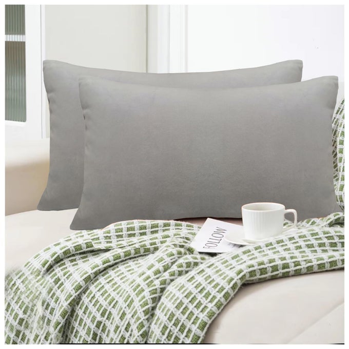 PACK OF 2 COTTON VELVET DECORATIVE VELVET ACCENT LUMBAR THROW PILLOWCASES 12X20 ASH GREY SOFT CLASSIC SILVER GRAY BOTH SIDES RECTANGLE BOLSTER CUSHION TOSS PILLOW COVER FOR COUCH SOFA BEDROOM CAR