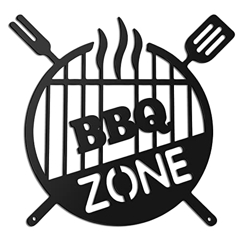Funrous Metal BBQ Sign Outdoor Round Grill Zone Retro Barbecue Monogram Wall Decor Kitchen Hanging Grill Barbecue Sign for Backyard Patio Farmhouse Porch Deck Decorations - Image 1