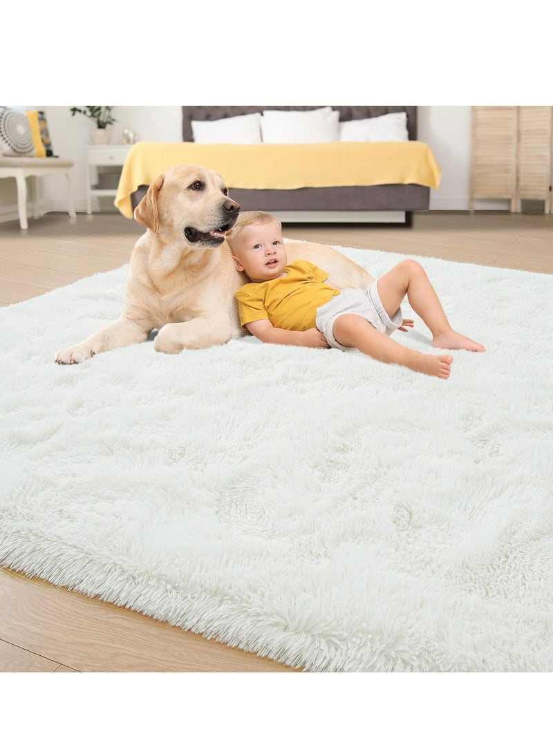 سجادة منطقة شاج لغرفة المعيشة، سجاد داخلي ناعم من القطيفة المصبوغة بالربط لغرفة النوم، سجادة من الفرو الصناعي الناعم غير قابلة للانزلاق للغرفة (120 × 160 سم، أبيض نقي) - Image 2