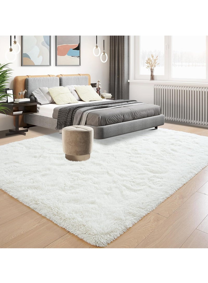 سجادة منطقة شاج لغرفة المعيشة، سجاد داخلي ناعم من القطيفة المصبوغة بالربط لغرفة النوم، سجادة من الفرو الصناعي الناعم غير قابلة للانزلاق للغرفة (120 × 160 سم، أبيض نقي) - Image 1