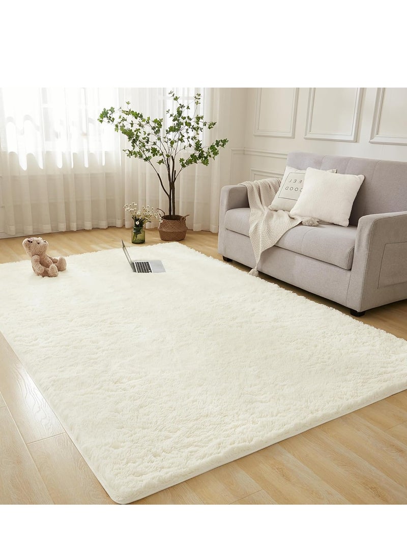 سجادة منطقة شاج لغرفة المعيشة، سجاد داخلي ناعم من القطيفة المصبوغة بالربط لغرفة النوم، سجادة من الفرو الصناعي الناعم غير قابلة للانزلاق للغرفة (120 × 160 سم، أبيض نقي) - Image 4