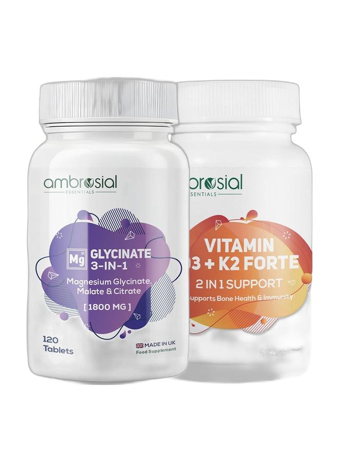 أمبروسيال أمبروسيل جليسينات المغنيسيوم 3 في 1، 1800 ملغ - مكمل غذائي ثلاثي المغنيسيوم مع جليسينات، سترات، ومالات - 384 ملغ من المغنيسيوم العنصري - صنع في المملكة المتحدة، معتمد من ممارسات التصنيع الجيدة (GMP) - 120 قرصًا مع أمبروسيل فيتامين د3 كي2 فورت | فيتامين د3 (600 وحدة دولية) مع فيتامين كي2 MK-7 | مكمل غذائي عالي الامتصاص يوميًا | تركيبة نباتية | حزمة من 120 قرصًا - Image 1