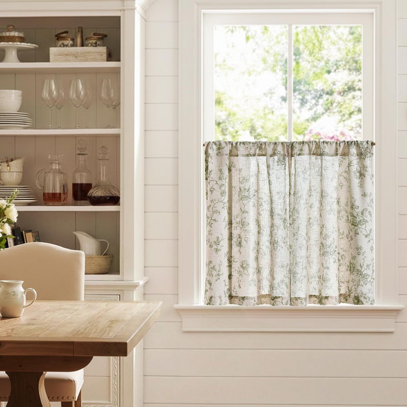 jinchan Amlie Floral Kitchen Curtains 30 Inch Length Linen Cafe Curtains Small Window Drapes Light Filtering Botanical Farmhouse for Bedroom Bathroom Rod Pocket 2 Panels Sage Green on Linen - Image 3