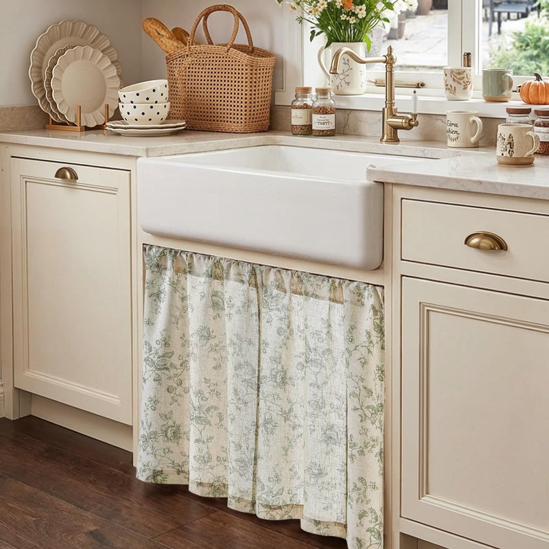 jinchan Amlie Floral Kitchen Curtains 30 Inch Length Linen Cafe Curtains Small Window Drapes Light Filtering Botanical Farmhouse for Bedroom Bathroom Rod Pocket 2 Panels Sage Green on Linen - Image 2